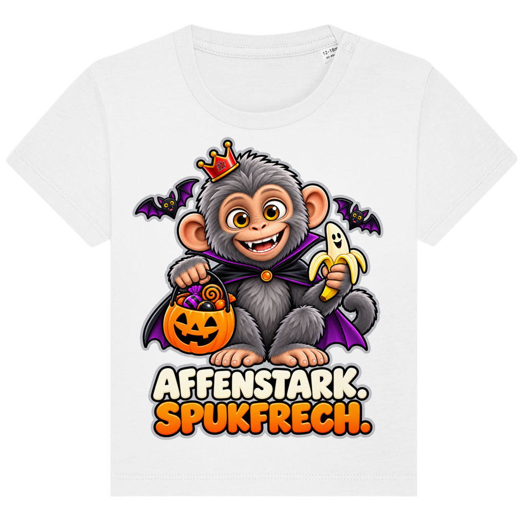 JA Spukaffe – Baby-T-Shirt in Weiß, Vorderansicht, Frontdruck: Kleiner Affe im Vampirumhang: „Affenstark. Spukfrech.“ – Kinder-Halloween