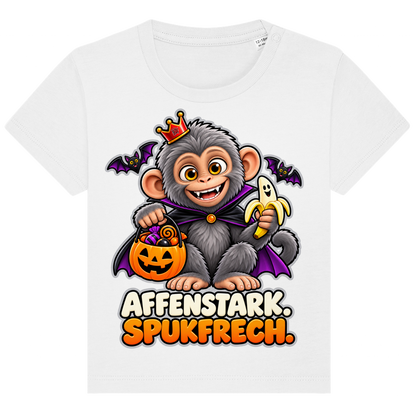 JA Spukaffe – Baby-T-Shirt in Weiß, Vorderansicht, Frontdruck: Kleiner Affe im Vampirumhang: „Affenstark. Spukfrech.“ – Kinder-Halloween