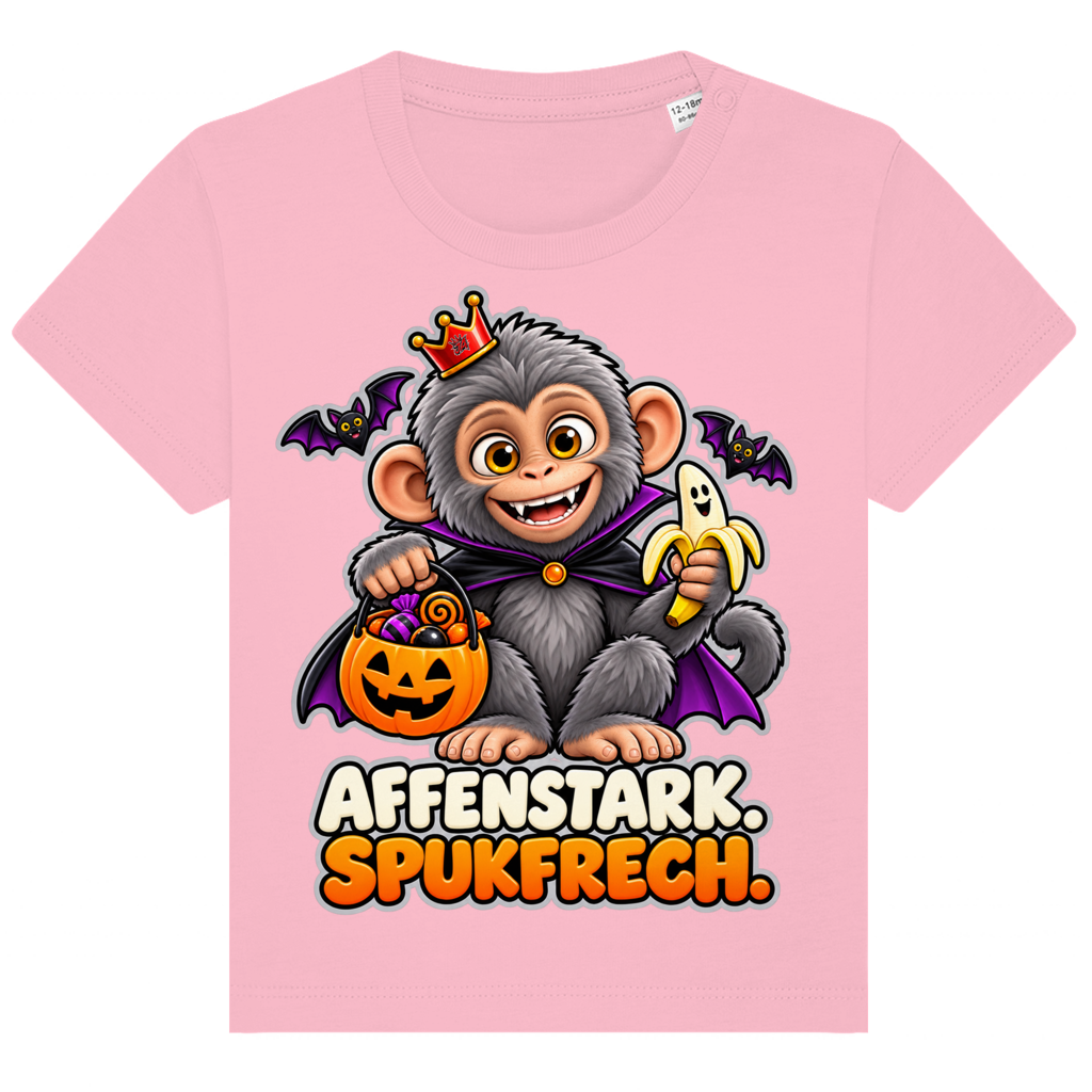 JA Spukaffe – Baby-T-Shirt in Rosa, Vorderansicht, Frontdruck: Kleiner Affe im Vampirumhang: „Affenstark. Spukfrech.“ – Kinder-Halloween