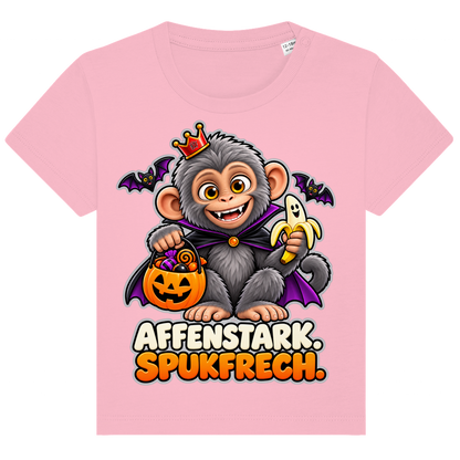 JA Spukaffe – Baby-T-Shirt in Rosa, Vorderansicht, Frontdruck: Kleiner Affe im Vampirumhang: „Affenstark. Spukfrech.“ – Kinder-Halloween
