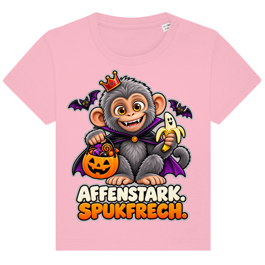 JA Spukaffe – Baby-T-Shirt in Rosa, Vorderansicht, Frontdruck: Kleiner Affe im Vampirumhang: „Affenstark. Spukfrech.“ – Kinder-Halloween