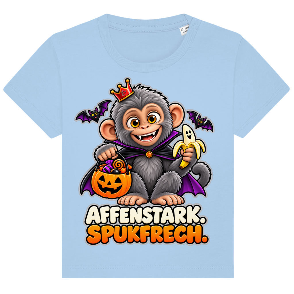 JA Spukaffe – Baby-T-Shirt in Blau, Vorderansicht, Frontdruck: Kleiner Affe im Vampirumhang: „Affenstark. Spukfrech.“ – Kinder-Halloween