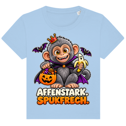 JA Spukaffe – Baby-T-Shirt in Blau, Vorderansicht, Frontdruck: Kleiner Affe im Vampirumhang: „Affenstark. Spukfrech.“ – Kinder-Halloween