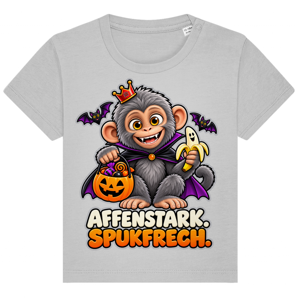 JA Spukaffe – Baby-T-Shirt in Grau meliert, Vorderansicht, Frontdruck: Kleiner Affe im Vampirumhang: „Affenstark. Spukfrech.“ – Kinder-Halloween
