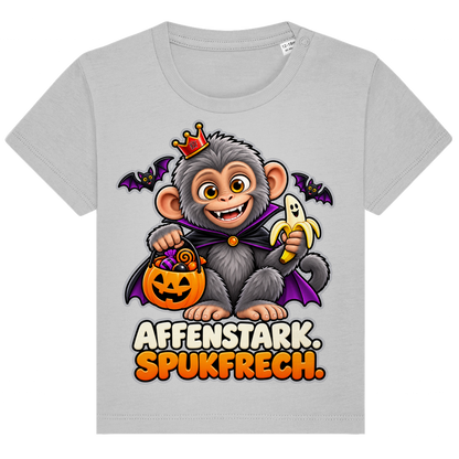 JA Spukaffe – Baby-T-Shirt in Grau meliert, Vorderansicht, Frontdruck: Kleiner Affe im Vampirumhang: „Affenstark. Spukfrech.“ – Kinder-Halloween