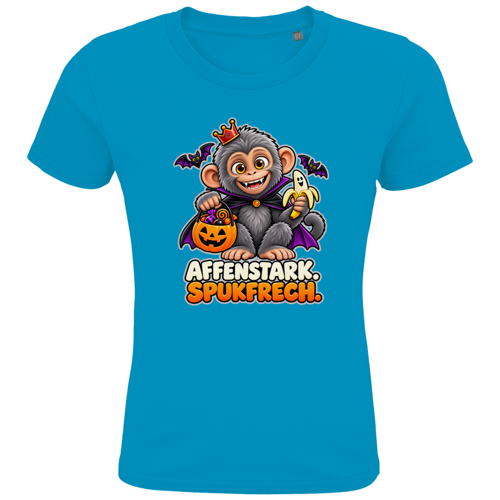 JA Spukaffe – Kinder-T-Shirt in Aqua, Vorderansicht, Frontdruck: Kleiner Affe im Vampirumhang: „Affenstark. Spukfrech.“ – Kinder-Halloween