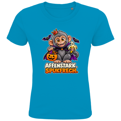 JA Spukaffe – Kinder-T-Shirt in Aqua, Vorderansicht, Frontdruck: Kleiner Affe im Vampirumhang: „Affenstark. Spukfrech.“ – Kinder-Halloween