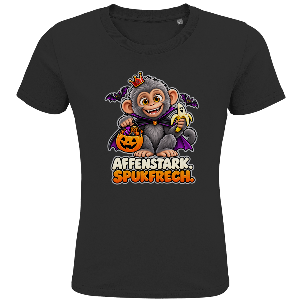 JA Spukaffe – Kinder-T-Shirt in Schwarz, Vorderansicht, Frontdruck: Kleiner Affe im Vampirumhang: „Affenstark. Spukfrech.“ – Kinder-Halloween
