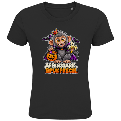 JA Spukaffe – Kinder-T-Shirt in Schwarz, Vorderansicht, Frontdruck: Kleiner Affe im Vampirumhang: „Affenstark. Spukfrech.“ – Kinder-Halloween
