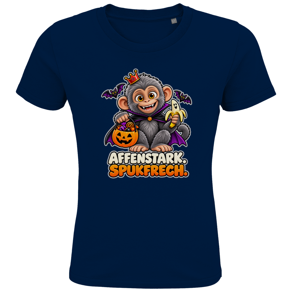JA Spukaffe – Kinder-T-Shirt in Marineblau, Vorderansicht, Frontdruck: Kleiner Affe im Vampirumhang: „Affenstark. Spukfrech.“ – Kinder-Halloween