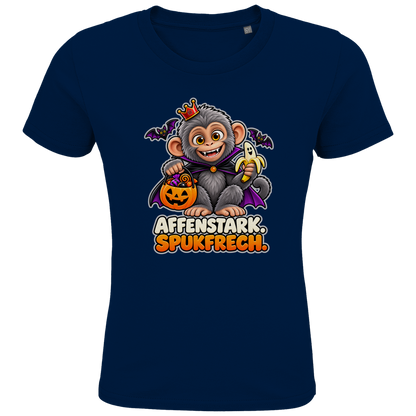 JA Spukaffe – Kinder-T-Shirt in Marineblau, Vorderansicht, Frontdruck: Kleiner Affe im Vampirumhang: „Affenstark. Spukfrech.“ – Kinder-Halloween
