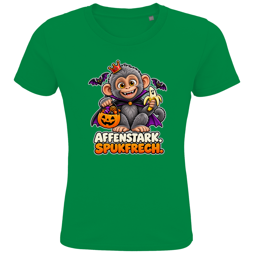 JA Spukaffe – Kinder-T-Shirt in Kellygrün, Vorderansicht, Frontdruck: Kleiner Affe im Vampirumhang: „Affenstark. Spukfrech.“ – Kinder-Halloween