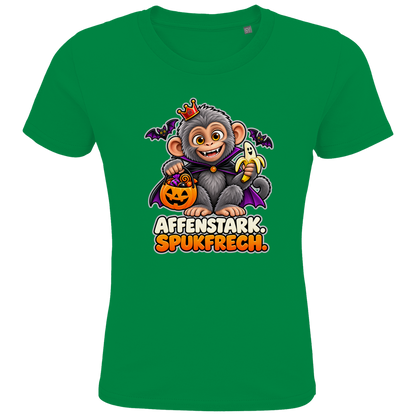 JA Spukaffe – Kinder-T-Shirt in Kellygrün, Vorderansicht, Frontdruck: Kleiner Affe im Vampirumhang: „Affenstark. Spukfrech.“ – Kinder-Halloween