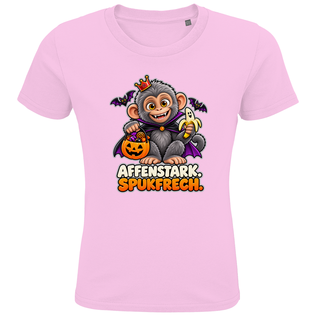 JA Spukaffe – Kinder-T-Shirt in Zartrosa, Vorderansicht, Frontdruck: Kleiner Affe im Vampirumhang: „Affenstark. Spukfrech.“ – Kinder-Halloween