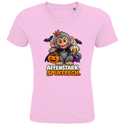 JA Spukaffe – Kinder-T-Shirt in Zartrosa, Vorderansicht, Frontdruck: Kleiner Affe im Vampirumhang: „Affenstark. Spukfrech.“ – Kinder-Halloween