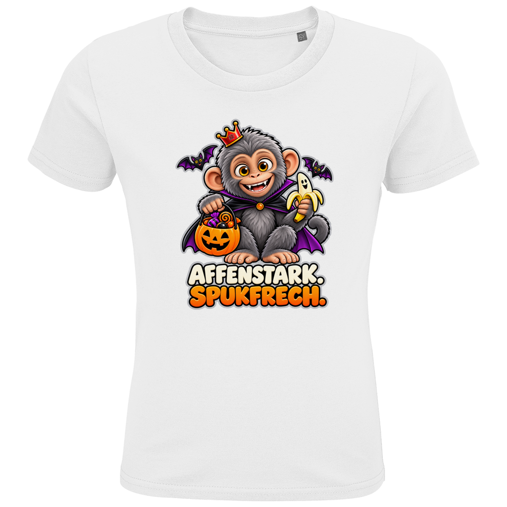 JA Spukaffe – Kinder-T-Shirt in Weiß, Vorderansicht, Frontdruck: Kleiner Affe im Vampirumhang: „Affenstark. Spukfrech.“ – Kinder-Halloween