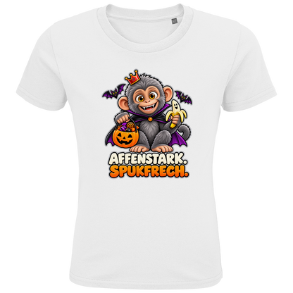 JA Spukaffe – Kinder-T-Shirt in Weiß, Vorderansicht, Frontdruck: Kleiner Affe im Vampirumhang: „Affenstark. Spukfrech.“ – Kinder-Halloween