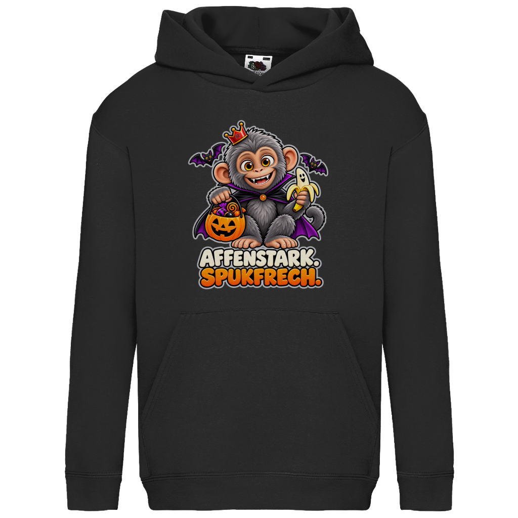 JA Spukaffe – Kinder-Hoodie in Schwarz, Vorderansicht, Frontdruck: Kleiner Affe im Vampirumhang: „Affenstark. Spukfrech.“ – Kinder-Halloween
