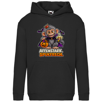 JA Spukaffe – Kinder-Hoodie in Schwarz, Vorderansicht, Frontdruck: Kleiner Affe im Vampirumhang: „Affenstark. Spukfrech.“ – Kinder-Halloween