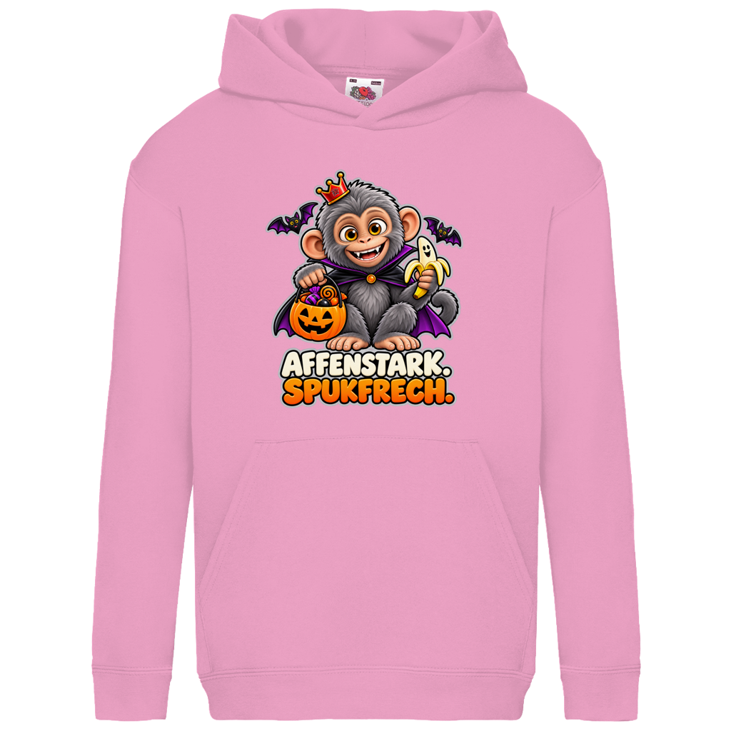 JA Spukaffe – Kinder-Hoodie in Hellrosa, Vorderansicht, Frontdruck: Kleiner Affe im Vampirumhang: „Affenstark. Spukfrech.“ – Kinder-Halloween