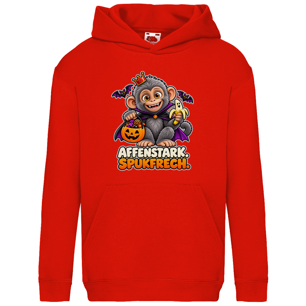 JA Spukaffe – Kinder-Hoodie in Rot, Vorderansicht, Frontdruck: Kleiner Affe im Vampirumhang: „Affenstark. Spukfrech.“ – Kinder-Halloween