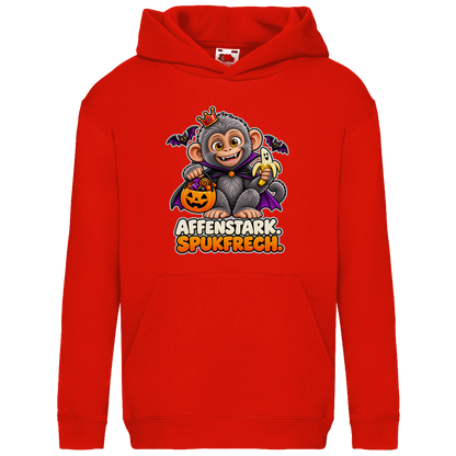 JA Spukaffe – Kinder-Hoodie in Rot, Vorderansicht, Frontdruck: Kleiner Affe im Vampirumhang: „Affenstark. Spukfrech.“ – Kinder-Halloween