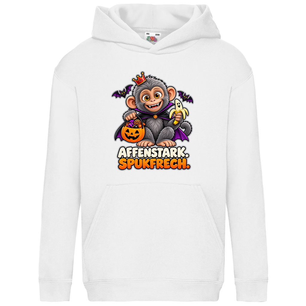 JA Spukaffe – Kinder-Hoodie in Weiß, Vorderansicht, Frontdruck: Kleiner Affe im Vampirumhang: „Affenstark. Spukfrech.“ – Kinder-Halloween