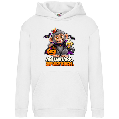 JA Spukaffe – Kinder-Hoodie in Weiß, Vorderansicht, Frontdruck: Kleiner Affe im Vampirumhang: „Affenstark. Spukfrech.“ – Kinder-Halloween