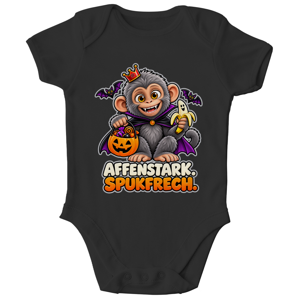 JA Spukaffe – Baby-Body in Schwarz, Vorderansicht, Frontdruck: Kleiner Affe im Vampirumhang: „Affenstark. Spukfrech.“ – Kinder-Halloween