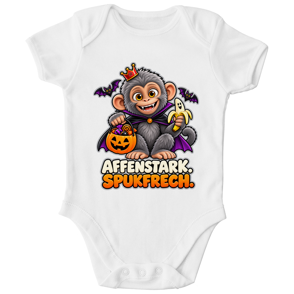 JA Spukaffe – Baby-Body in Weiß, Vorderansicht, Frontdruck: Kleiner Affe im Vampirumhang: „Affenstark. Spukfrech.“ – Kinder-Halloween