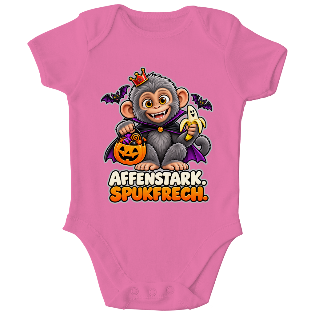 JA Spukaffe – Baby-Body in Kaugummirosa, Vorderansicht, Frontdruck: Kleiner Affe im Vampirumhang: „Affenstark. Spukfrech.“ – Kinder-Halloween