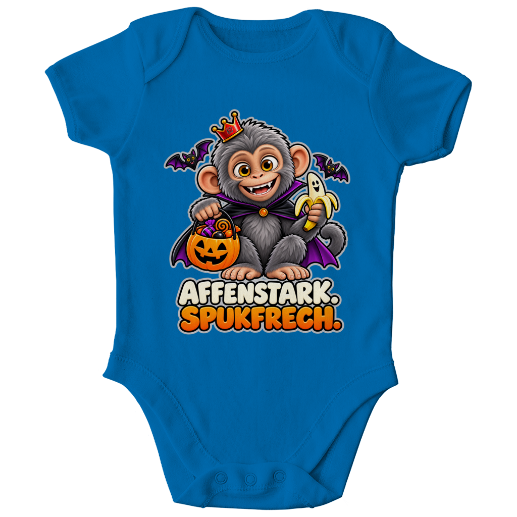 JA Spukaffe – Baby-Body in Kobaltblau, Vorderansicht, Frontdruck: Kleiner Affe im Vampirumhang: „Affenstark. Spukfrech.“ – Kinder-Halloween