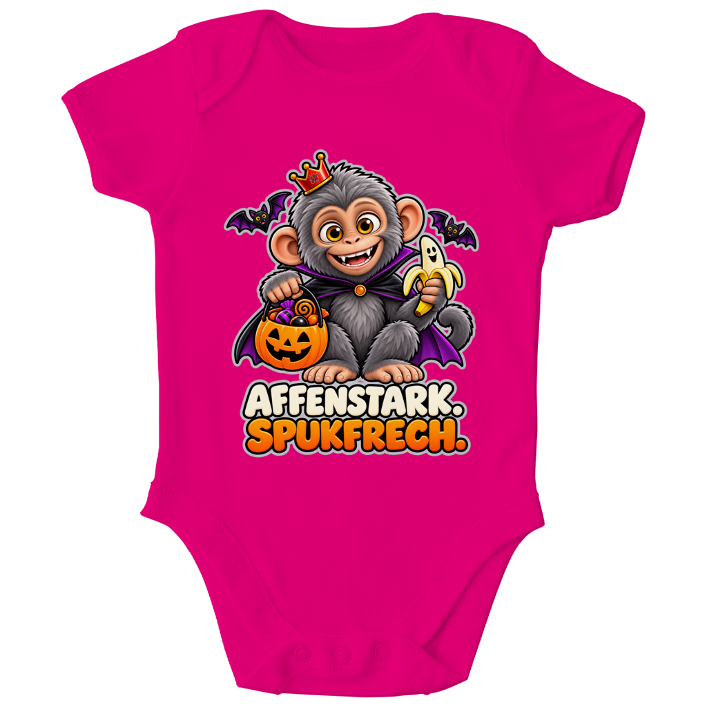 JA Spukaffe – Baby-Body in Fuchsia, Vorderansicht, Frontdruck: Kleiner Affe im Vampirumhang: „Affenstark. Spukfrech.“ – Kinder-Halloween