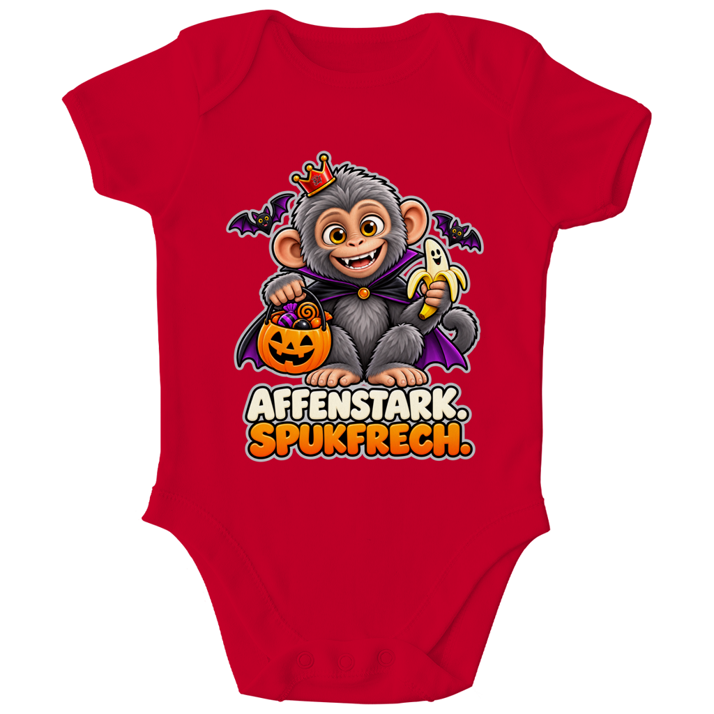JA Spukaffe – Baby-Body in Rot, Vorderansicht, Frontdruck: Kleiner Affe im Vampirumhang: „Affenstark. Spukfrech.“ – Kinder-Halloween