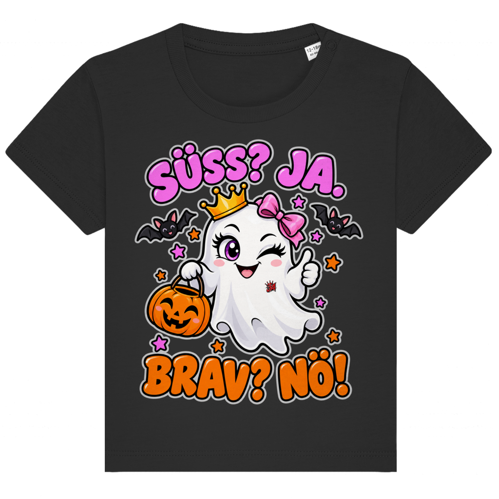 JA Spukprinzessin – Baby-T-Shirt in Schwarz, Vorderansicht, Frontdruck: Gespenst mit Krone: „Süß? JA. Brav? Nö!“ – frecher Halloween-Look für Kinder