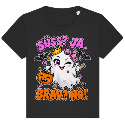 JA Spukprinzessin – Baby-T-Shirt in Schwarz, Vorderansicht, Frontdruck: Gespenst mit Krone: „Süß? JA. Brav? Nö!“ – frecher Halloween-Look für Kinder