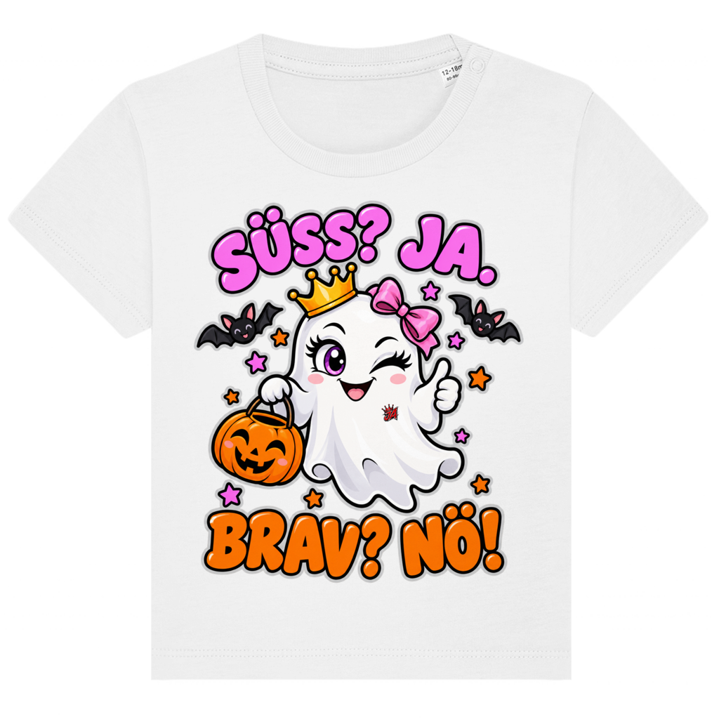 JA Spukprinzessin – Baby-T-Shirt in Weiß, Vorderansicht, Frontdruck: Gespenst mit Krone: „Süß? JA. Brav? Nö!“ – frecher Halloween-Look für Kinder