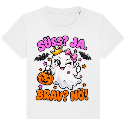 JA Spukprinzessin – Baby-T-Shirt in Weiß, Vorderansicht, Frontdruck: Gespenst mit Krone: „Süß? JA. Brav? Nö!“ – frecher Halloween-Look für Kinder