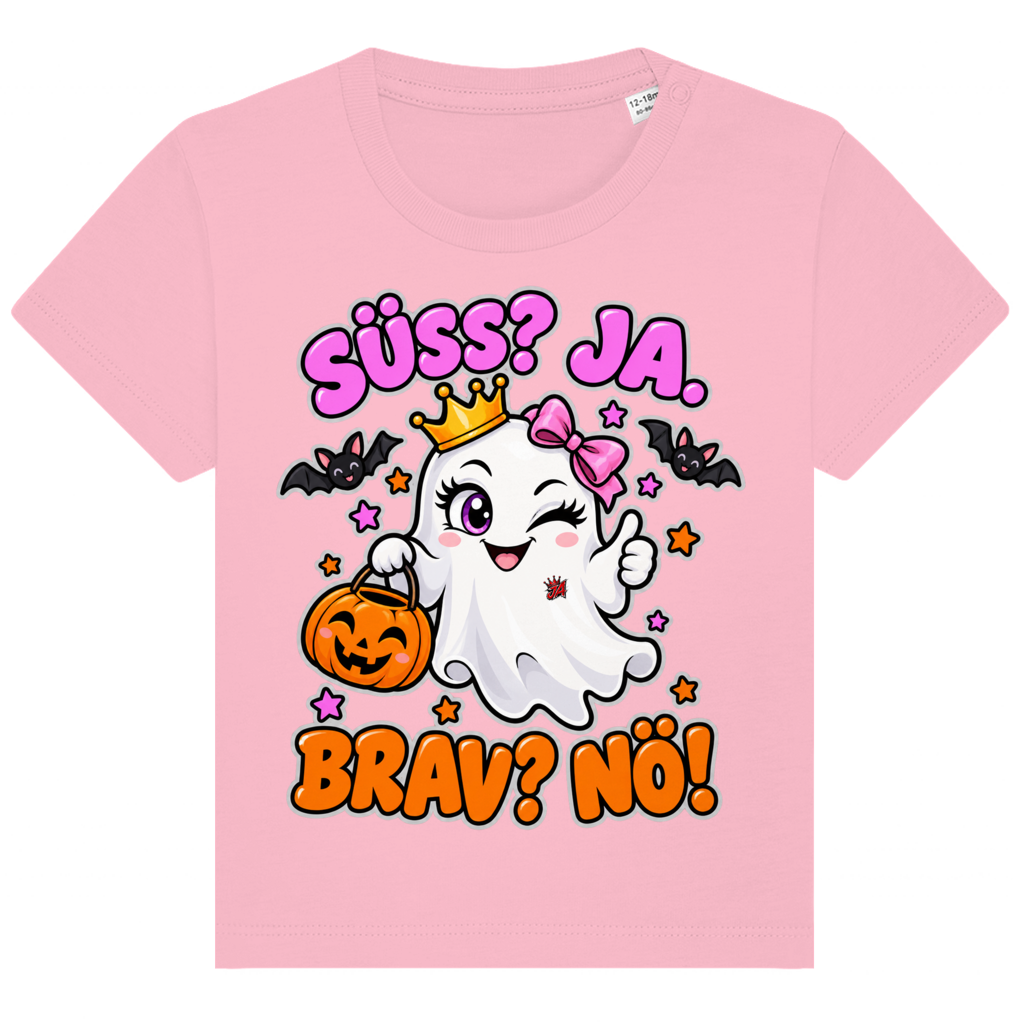 JA Spukprinzessin – Baby-T-Shirt in Rosa, Vorderansicht, Frontdruck: Gespenst mit Krone: „Süß? JA. Brav? Nö!“ – frecher Halloween-Look für Kinder
