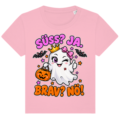 JA Spukprinzessin – Baby-T-Shirt in Rosa, Vorderansicht, Frontdruck: Gespenst mit Krone: „Süß? JA. Brav? Nö!“ – frecher Halloween-Look für Kinder