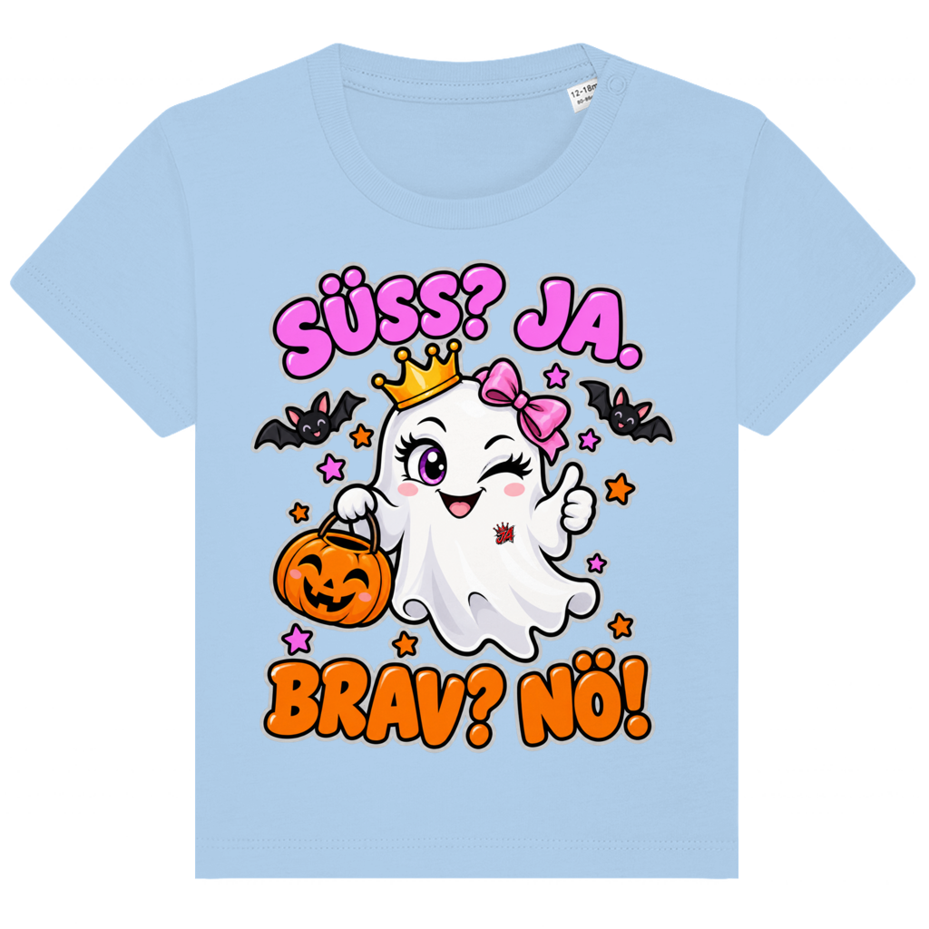 JA Spukprinzessin – Baby-T-Shirt in Blau, Vorderansicht, Frontdruck: Gespenst mit Krone: „Süß? JA. Brav? Nö!“ – frecher Halloween-Look für Kinder