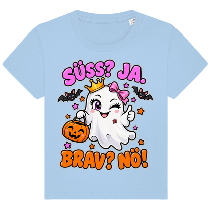 JA Spukprinzessin – Baby-T-Shirt in Blau, Vorderansicht, Frontdruck: Gespenst mit Krone: „Süß? JA. Brav? Nö!“ – frecher Halloween-Look für Kinder