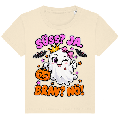 JA Spukprinzessin – Baby-T-Shirt in Natur, Vorderansicht, Frontdruck: Gespenst mit Krone: „Süß? JA. Brav? Nö!“ – frecher Halloween-Look für Kinder
