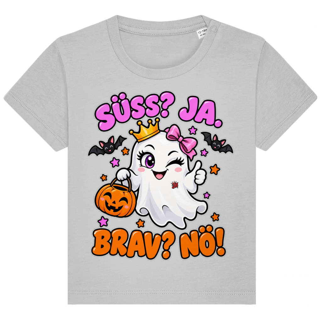 JA Spukprinzessin – Baby-T-Shirt in Grau meliert, Vorderansicht, Frontdruck: Gespenst mit Krone: „Süß? JA. Brav? Nö!“ – frecher Halloween-Look für Kinder