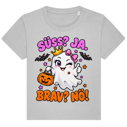 JA Spukprinzessin – Baby-T-Shirt in Grau meliert, Vorderansicht, Frontdruck: Gespenst mit Krone: „Süß? JA. Brav? Nö!“ – frecher Halloween-Look für Kinder