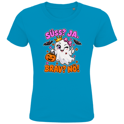 JA Spukprinzessin – Kinder-T-Shirt in Aqua, Vorderansicht, Frontdruck: Gespenst mit Krone: „Süß? JA. Brav? Nö!“ – frecher Halloween-Look für Kinder
