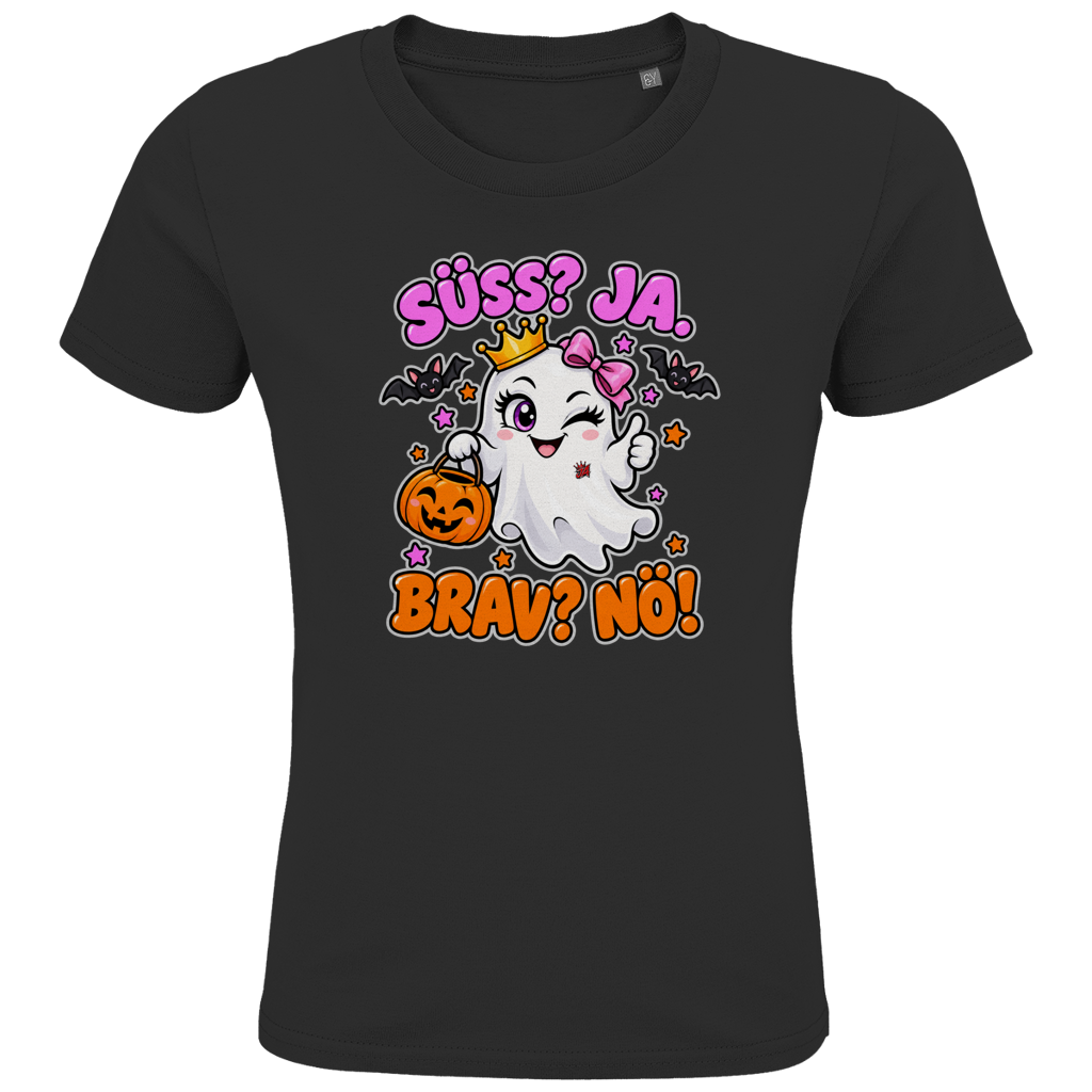 JA Spukprinzessin – Kinder-T-Shirt in Schwarz, Vorderansicht, Frontdruck: Gespenst mit Krone: „Süß? JA. Brav? Nö!“ – frecher Halloween-Look für Kinder