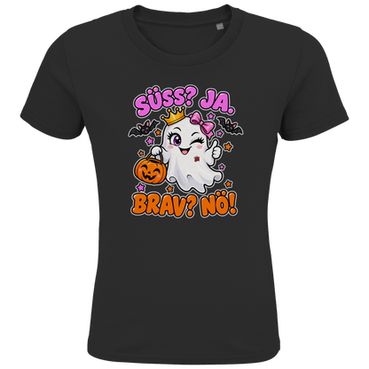JA Spukprinzessin – Kinder-T-Shirt in Schwarz, Vorderansicht, Frontdruck: Gespenst mit Krone: „Süß? JA. Brav? Nö!“ – frecher Halloween-Look für Kinder