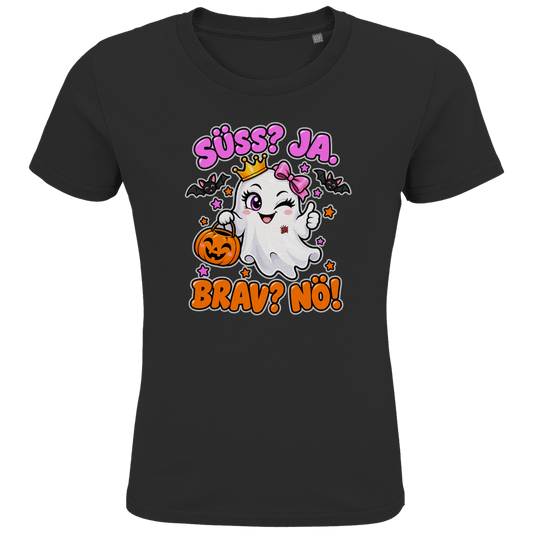JA Spukprinzessin – Kinder-T-Shirt in Schwarz, Vorderansicht, Frontdruck: Gespenst mit Krone: „Süß? JA. Brav? Nö!“ – frecher Halloween-Look für Kinder