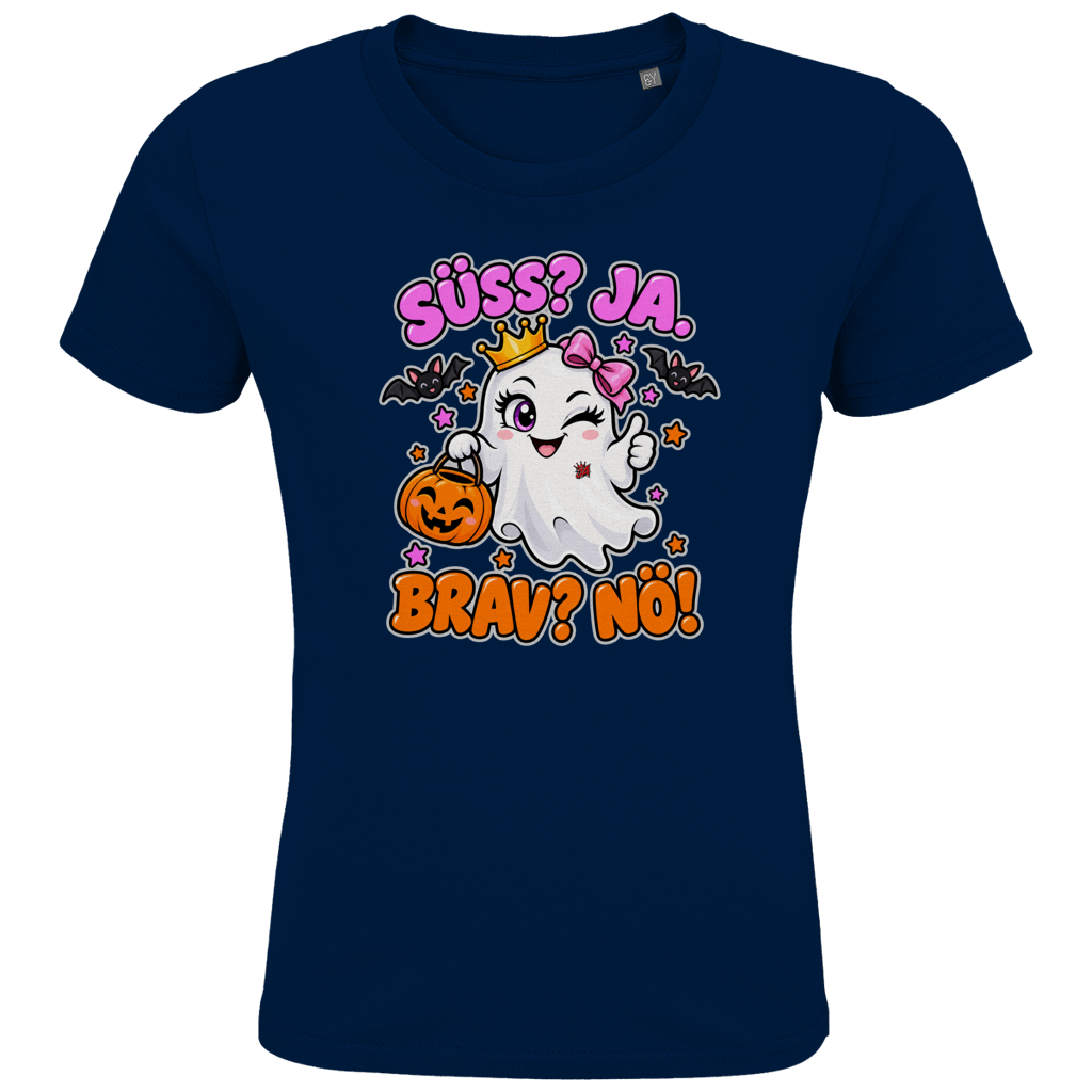 JA Spukprinzessin – Kinder-T-Shirt in Marineblau, Vorderansicht, Frontdruck: Gespenst mit Krone: „Süß? JA. Brav? Nö!“ – frecher Halloween-Look für Kinder